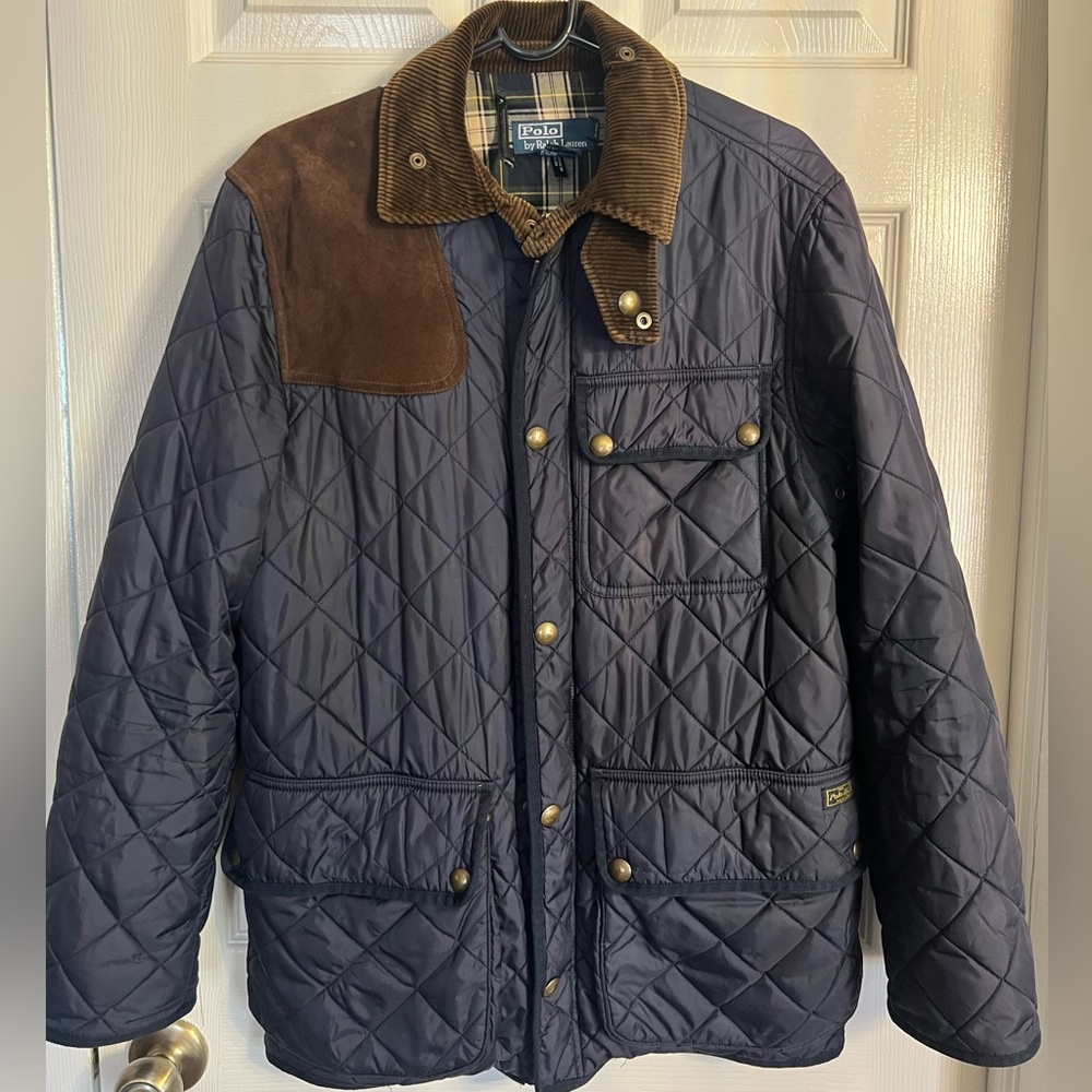 Polo Ralph Lauren Quilted Suede Patch Shooting Hunting Field Barn Jacket Blue- S
